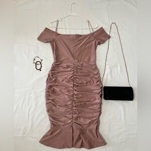 Elegant Off-Shoulder Ruched Dress rose gold